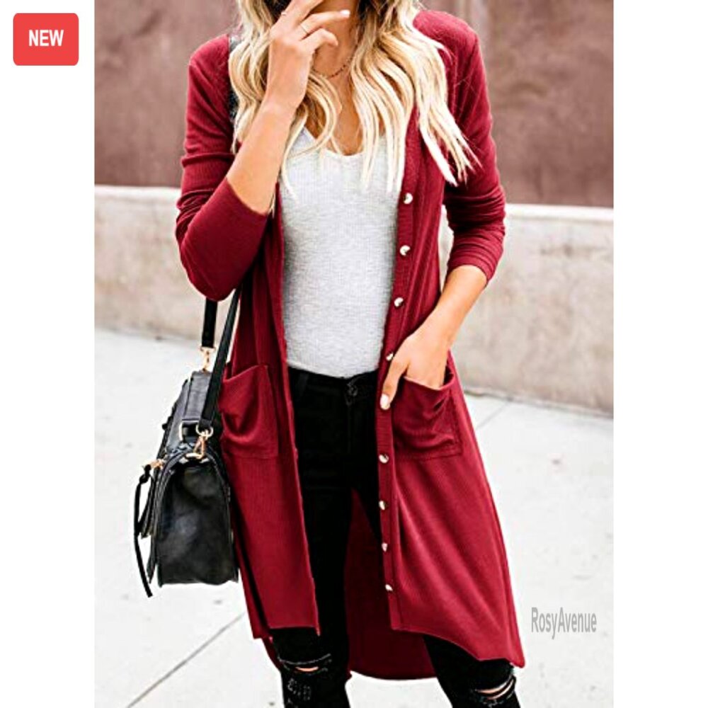 Long Button Down Cardigan With Pockets, Stretchy … - image 2